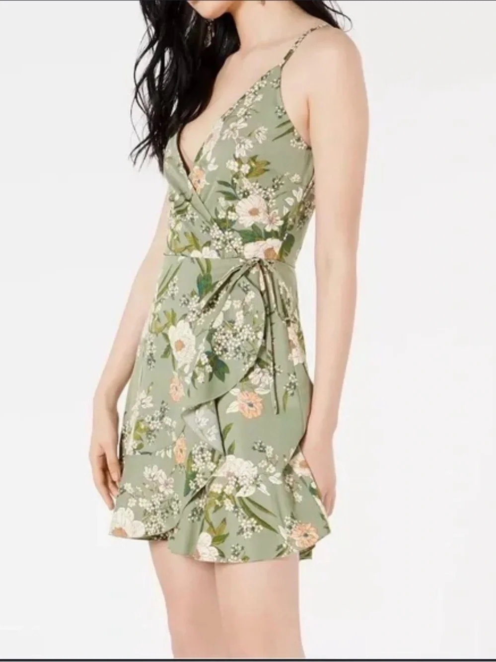 Speechless Floral Faux Wrap Mini Dress Sage Green Size L - Picture 2 of 8